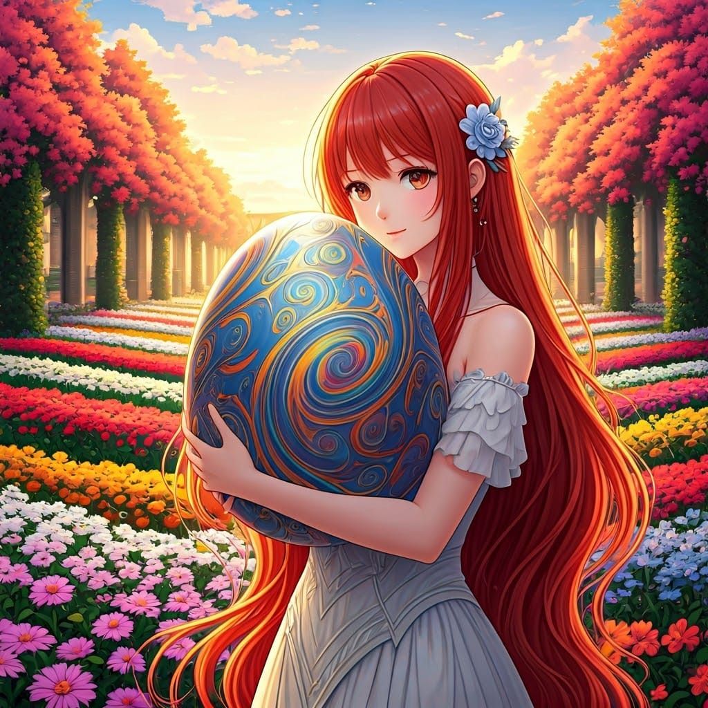 Anime Goddess Cradles Radiant Egg in Vibrant Garden