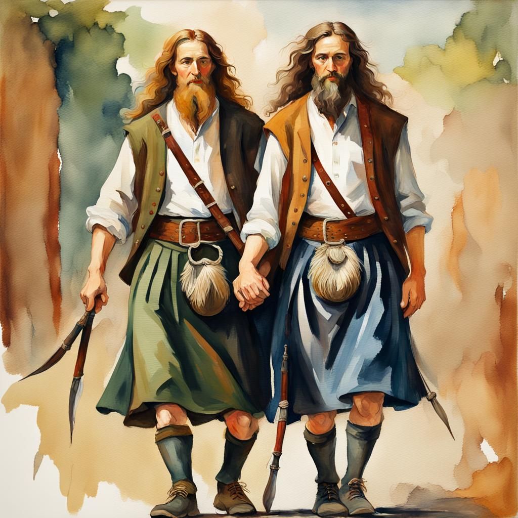Happy Men in Kilts: Gouache Impressionist Masterpiece