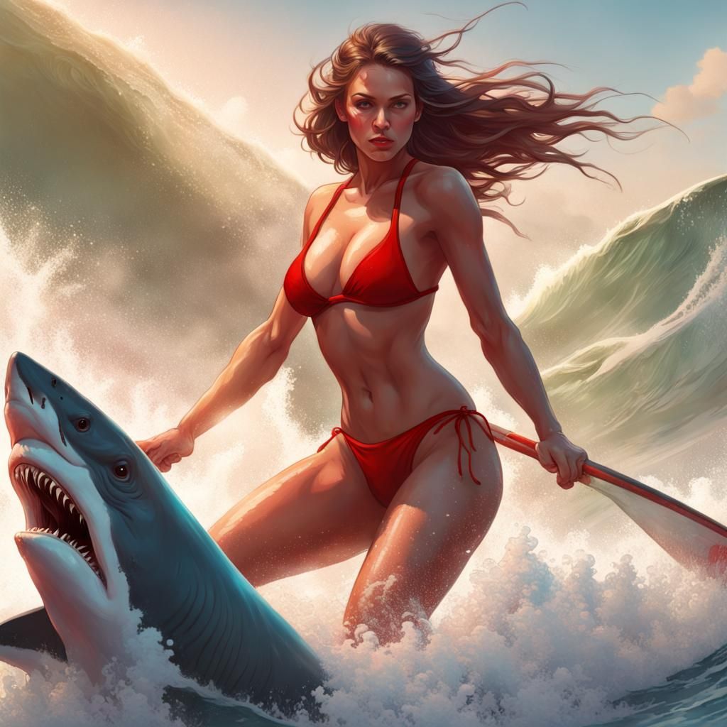 Red Bikini Girl Surfing Shark, Splash Art Style