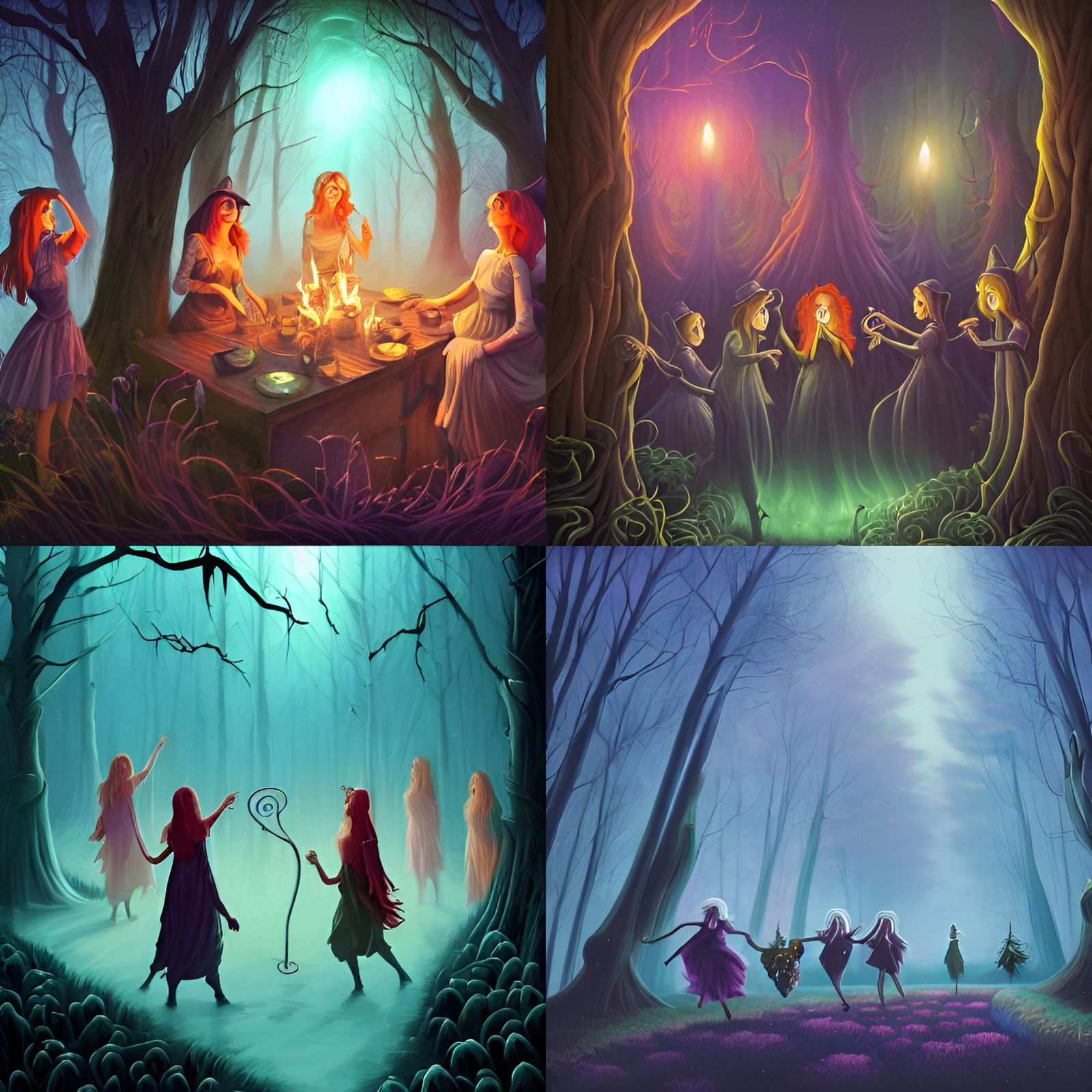 Witches Spellcasting Near Misty Forest, Dark Fantasy Art