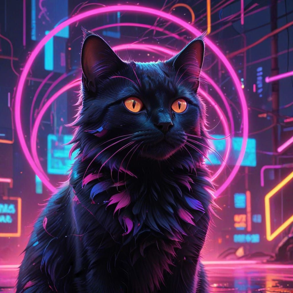 Whimsical Cyberpunk Cat in Neon Dreamscape