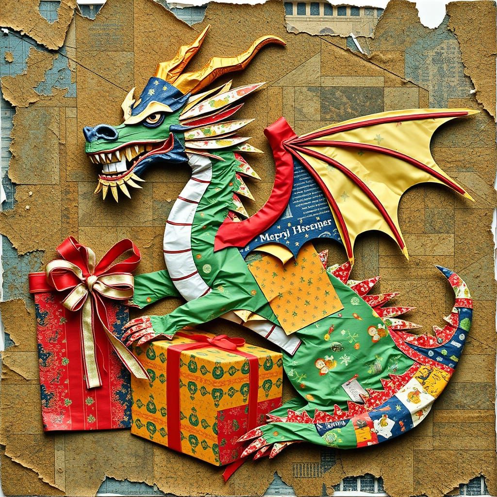 a dragon wrapping Christmas presents