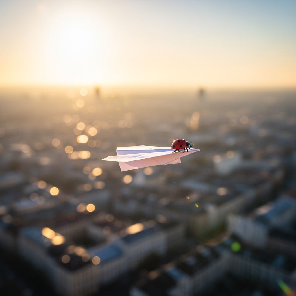 Paper Airplane Ladybug Over City at Sunrise in Photorealism