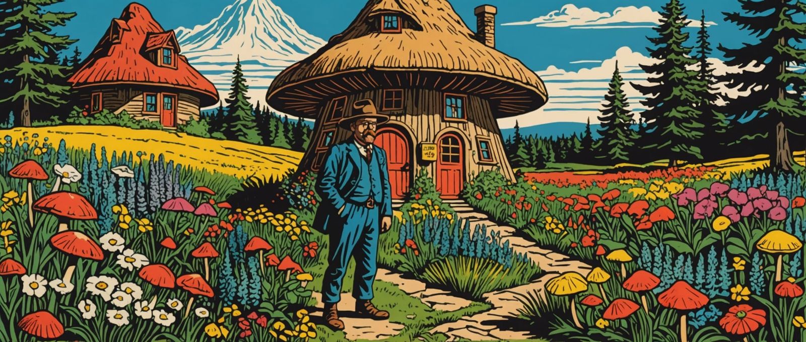 taciturn Teddy Roosevelt in the foreground as a garden gnome.  Mushroom shaped house in the midground. wildflowers, lots...