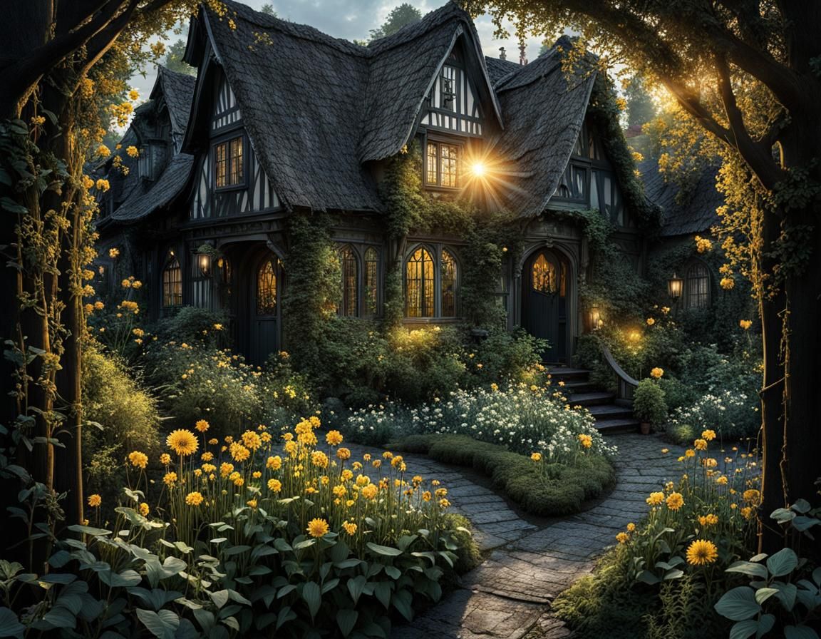 Sunlit Garden in Shadowy Backyard: Storybook Illustration