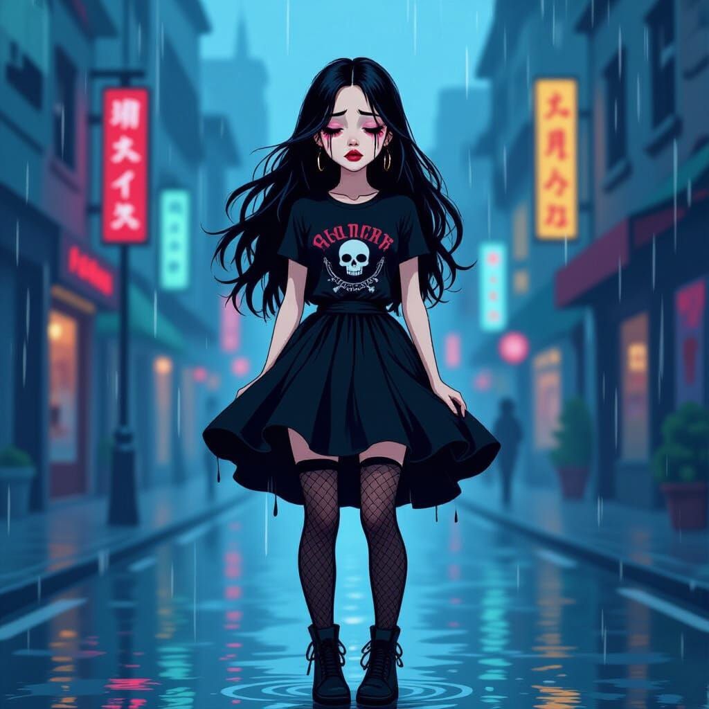 Emo Goth Girl in Rainy City Cartoon