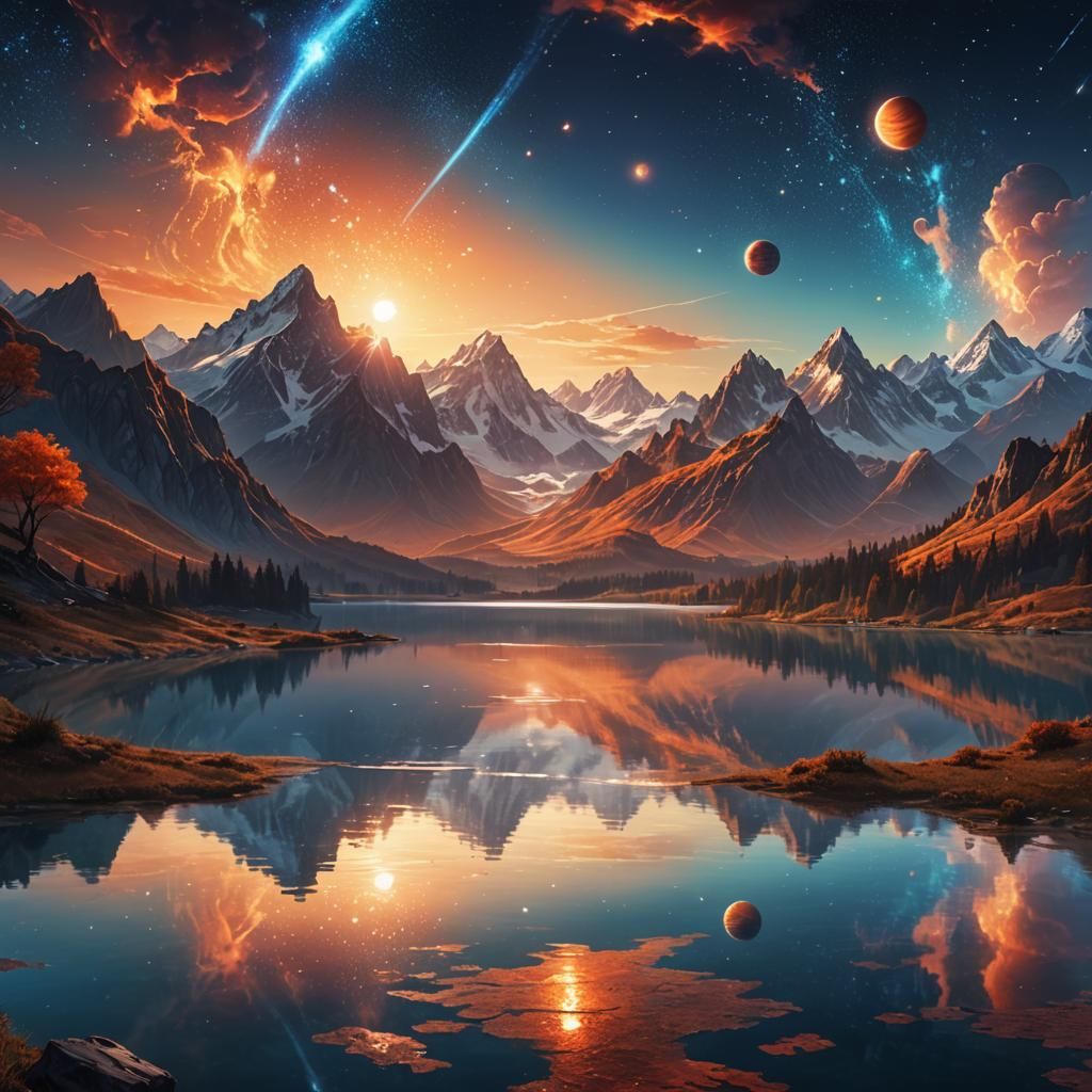 Majestic Sunset Lake Reflects Stars and Mountains