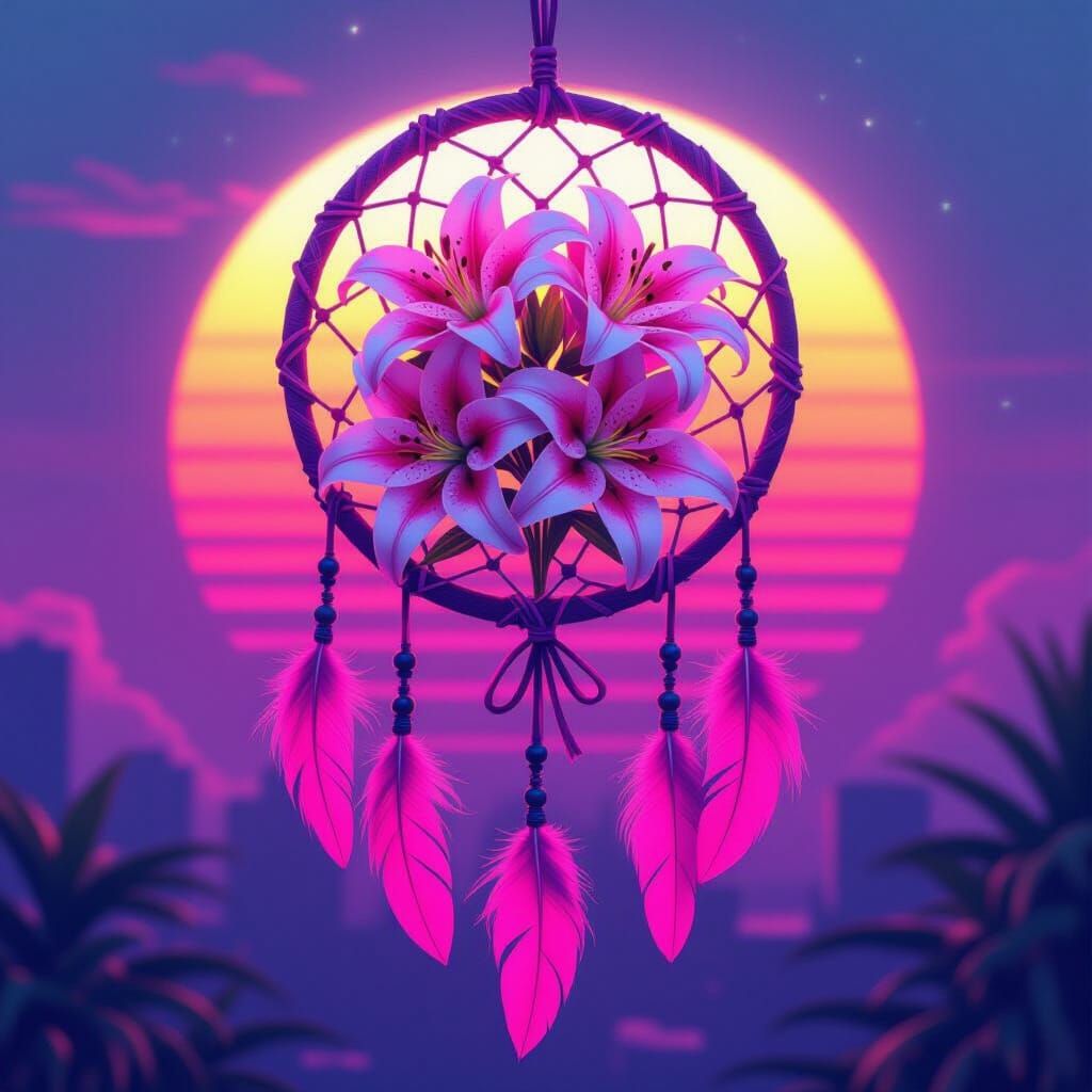 Cyberpunk Dreamcatcher with Pink Lilies and Feathers