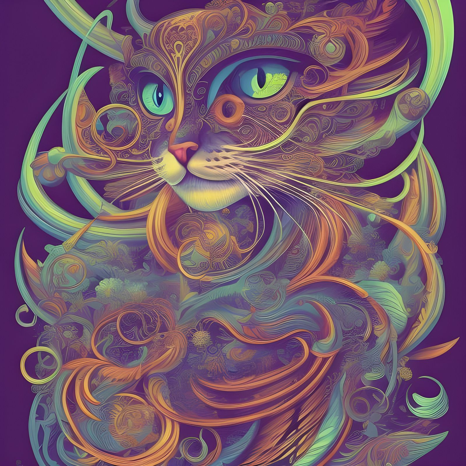 Psychedelic Neon Cat Vector Art Illustration