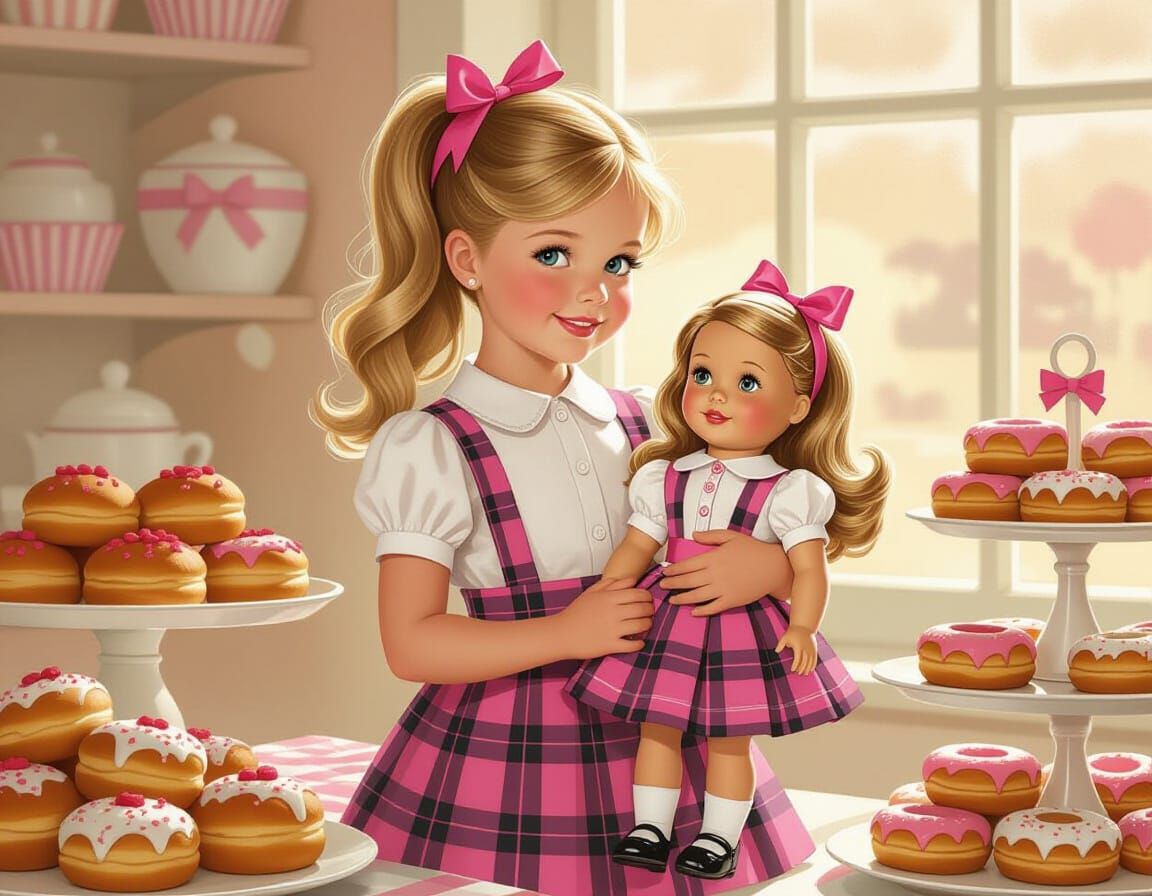 Girl with Doll in Nostalgic Bakery Setting