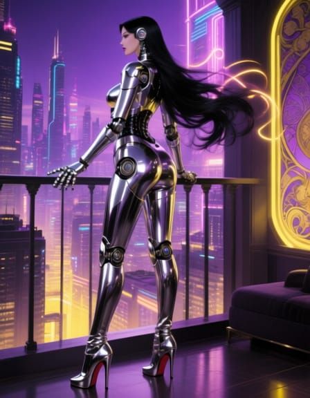 Robot Dominatrix Surveys Cyberpunk Cityscape