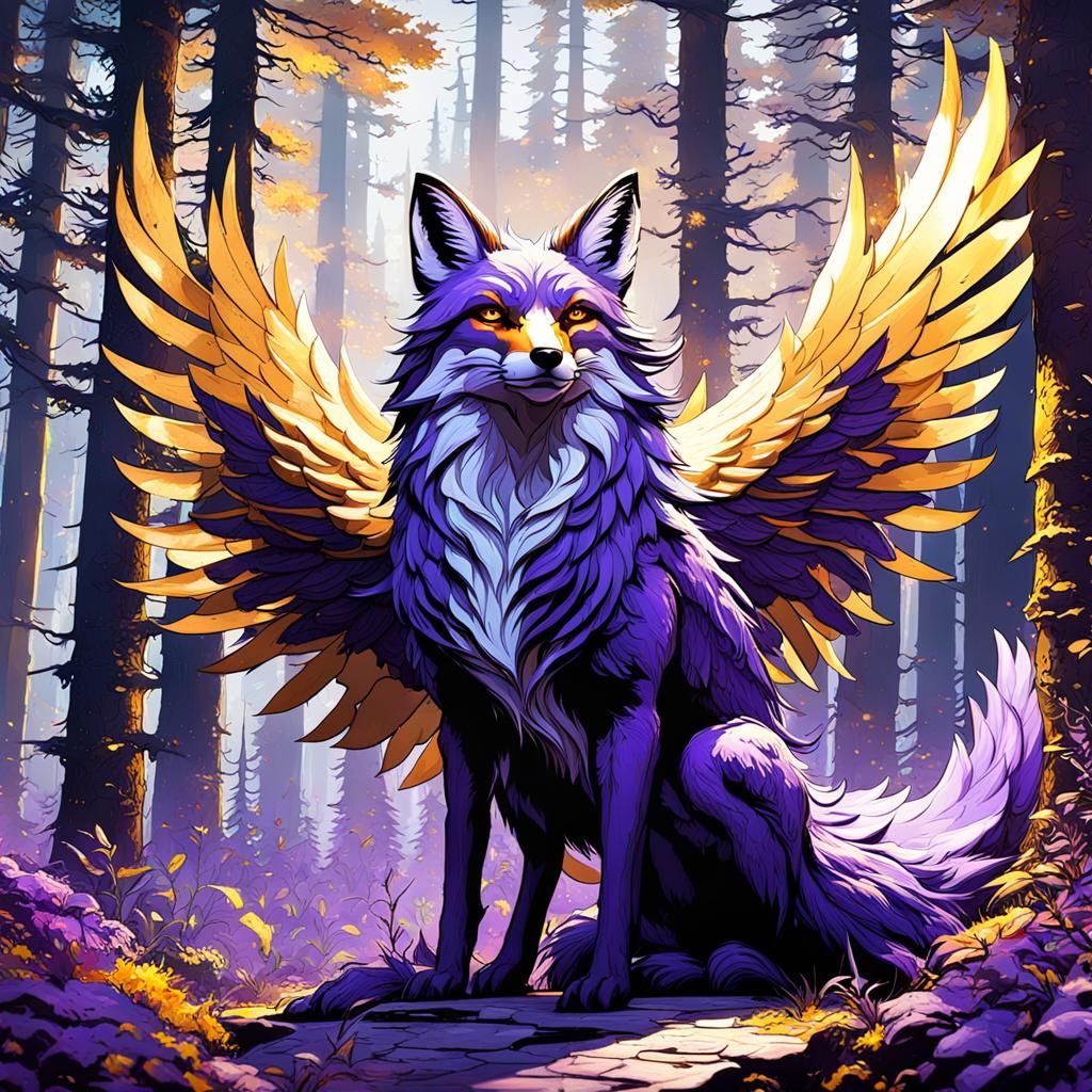 Winged Fox in Forest: Dark Fantasy Concept Art