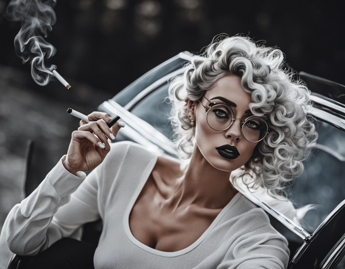 Monochrome Tattoo Art: Woman with Glasses Smoking