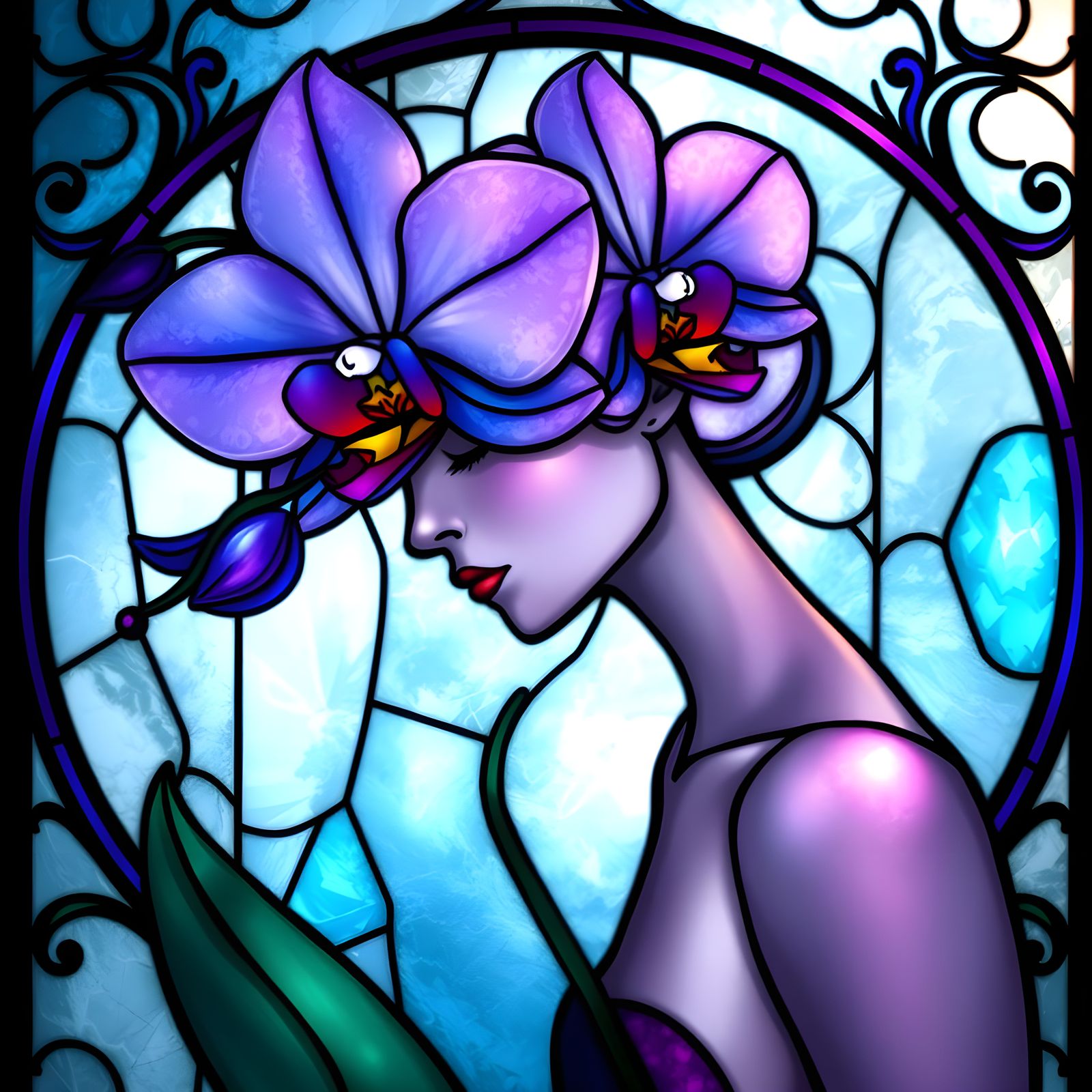 Ethereal Art Nouveau Goddess in Stained Glass