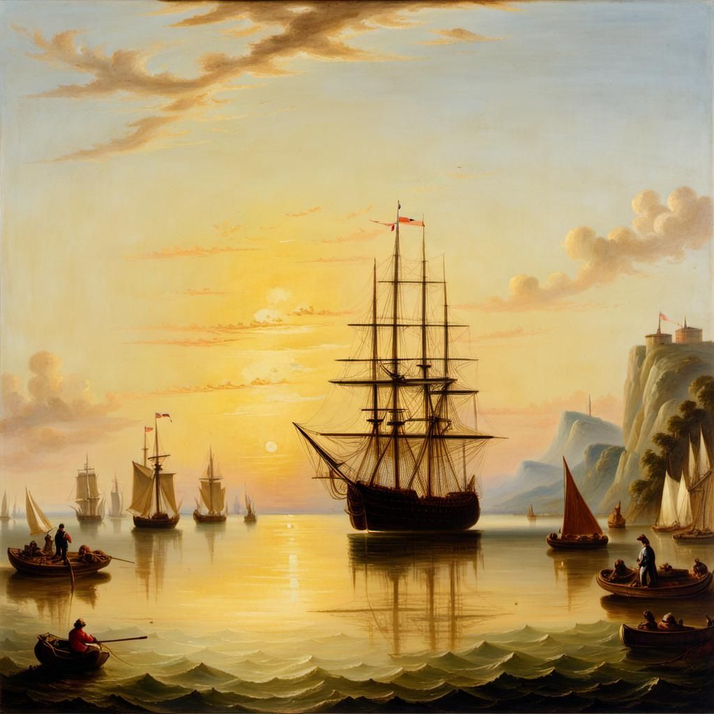 Ships at Anchor in Calm Sea, Romantic Style