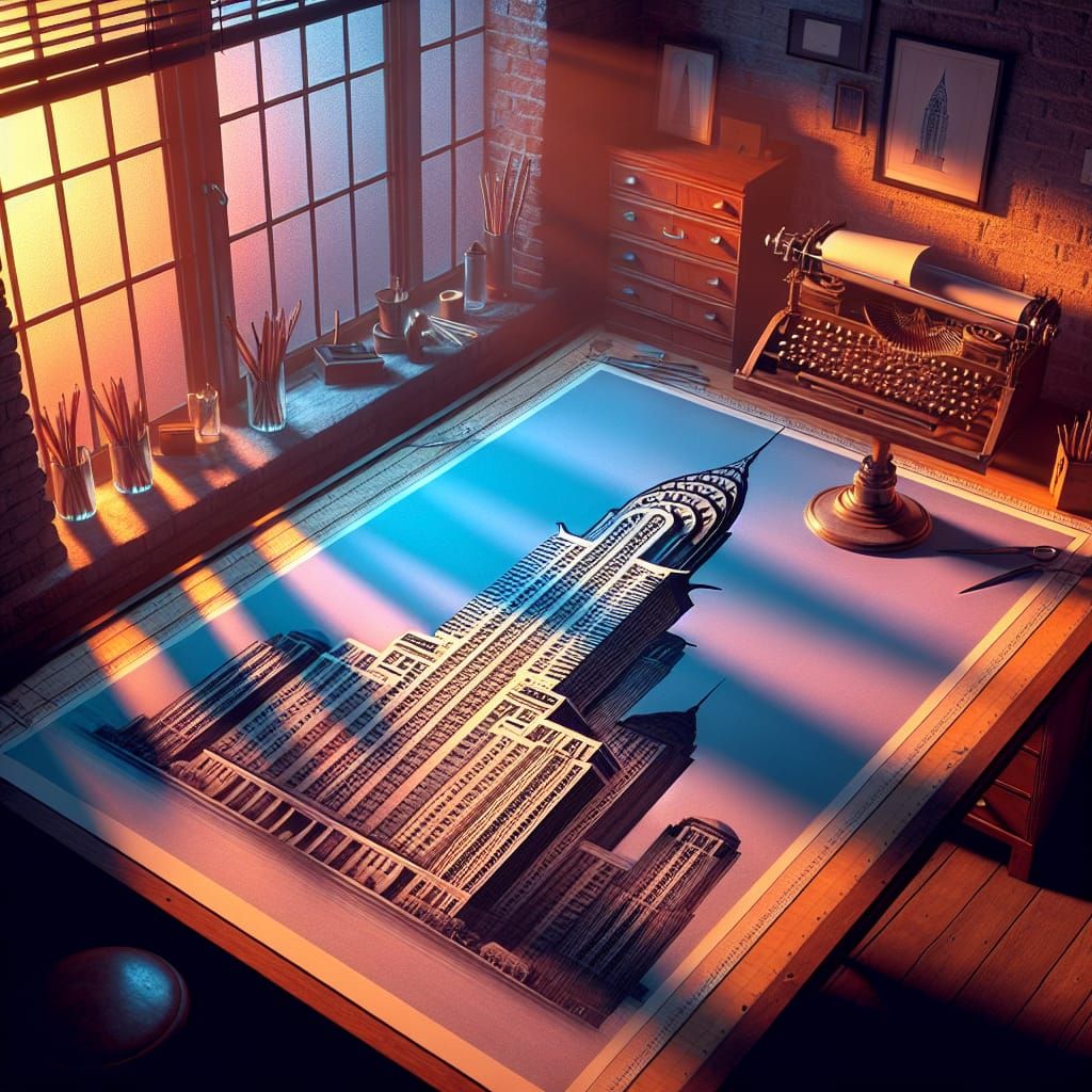 Art Deco Skyscraper Emerging from Blueprint