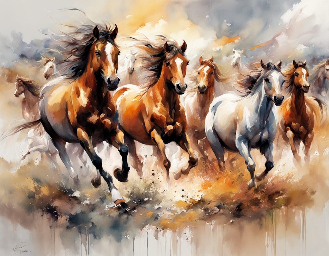 Ethereal Horses Gallop Across a Vibrant Golden Landscape