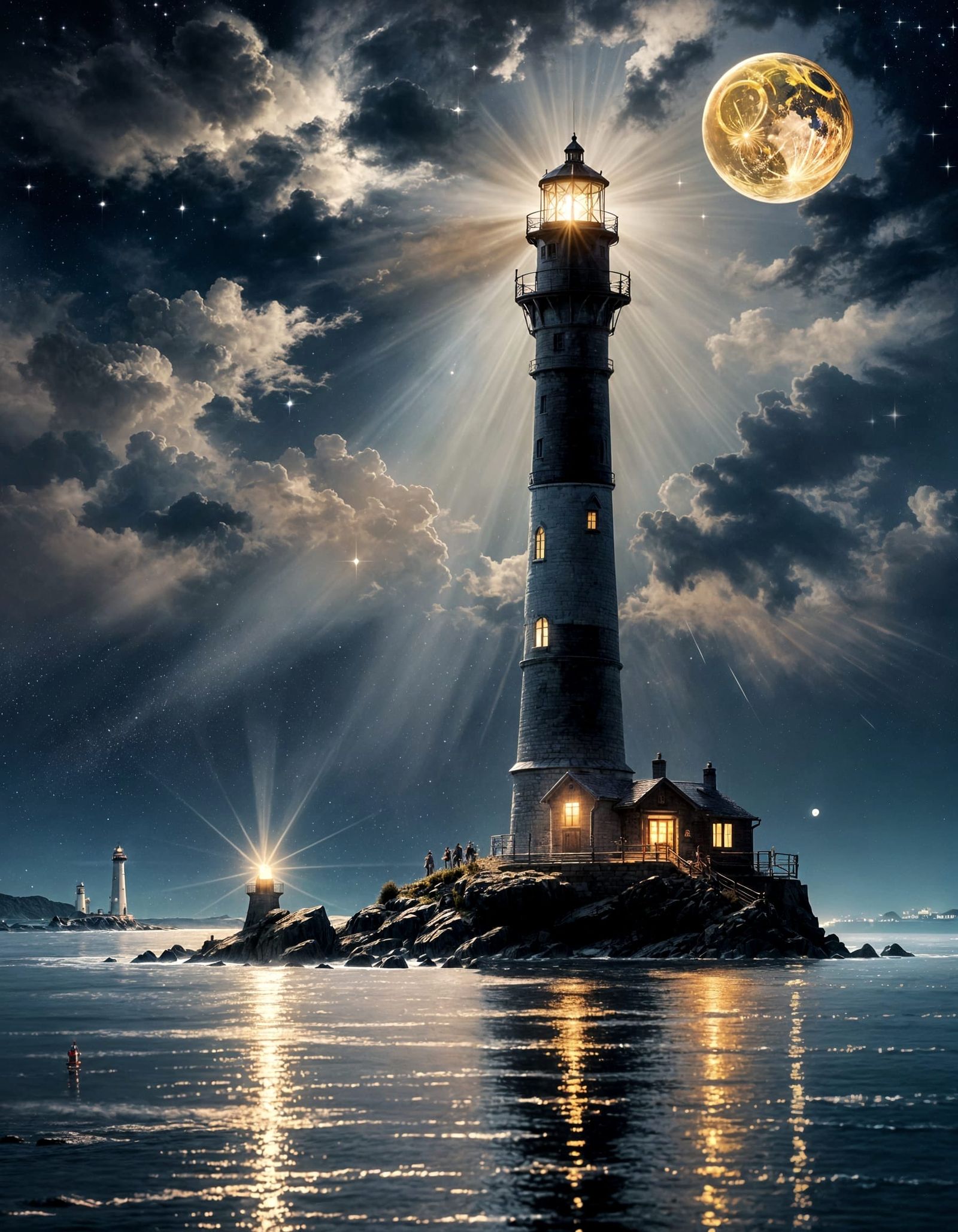 Lighthouse Silhouette Under Sparkling Moon: Impressionist Pa...
