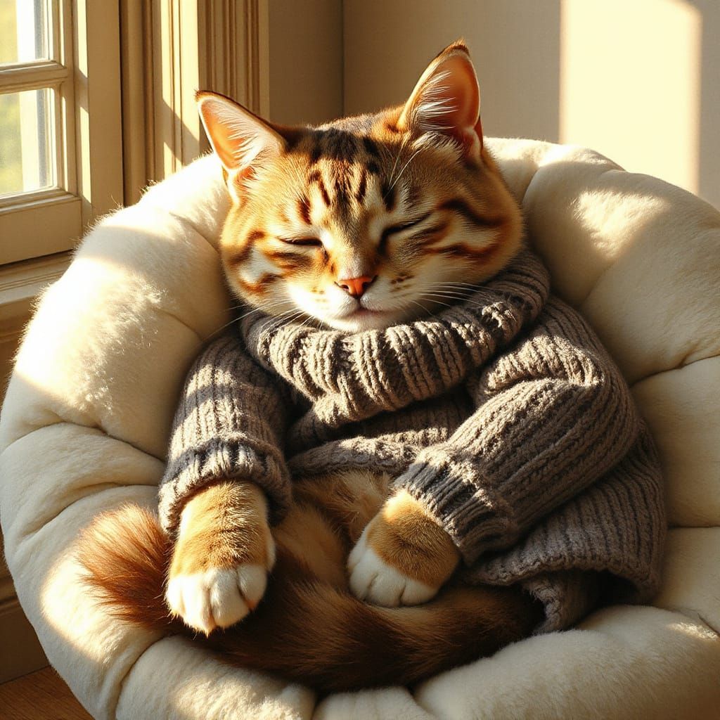 Cozy Cat Napping in Sunlight, Beatrix Potter Style