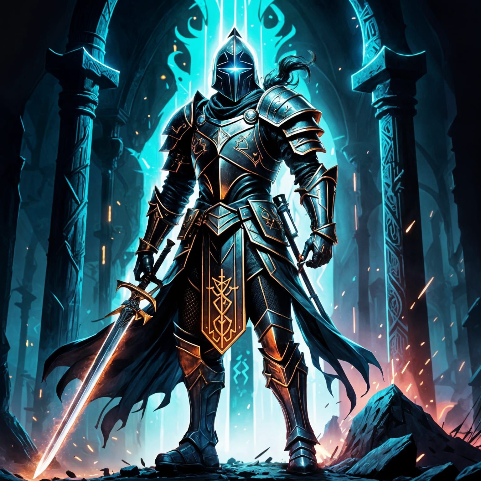 Heroic Knight and Mage Casting Runes in Surreal Light