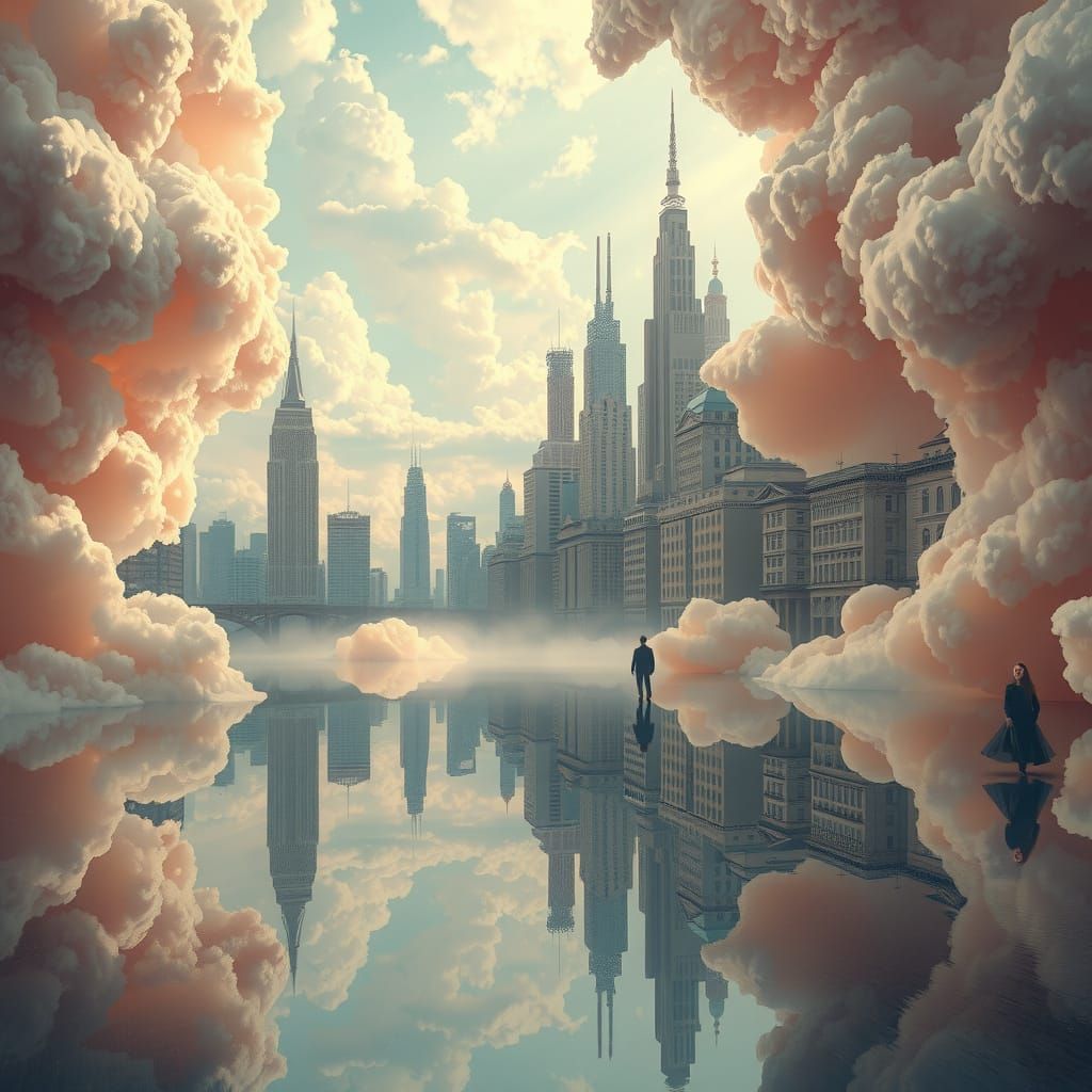 Surreal Floating City in Pastel Clouds