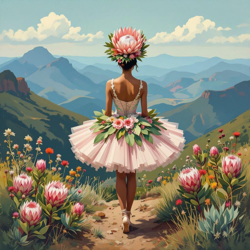 Protea Woman in South African Landscape, Surrealist Style