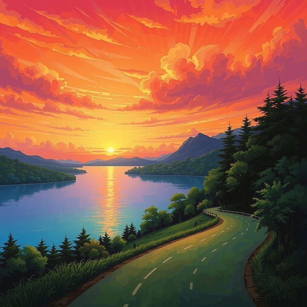 Surreal Sunset Landscape with Winding Road and Silhouetted T...