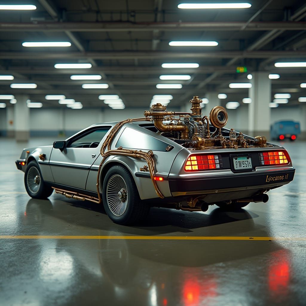 Steampunk DeLorean in Tesco Carpark: Retro-Futuristic Mashup