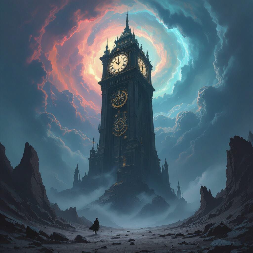 Colossal Clock Tower in Surreal Nebula Sky