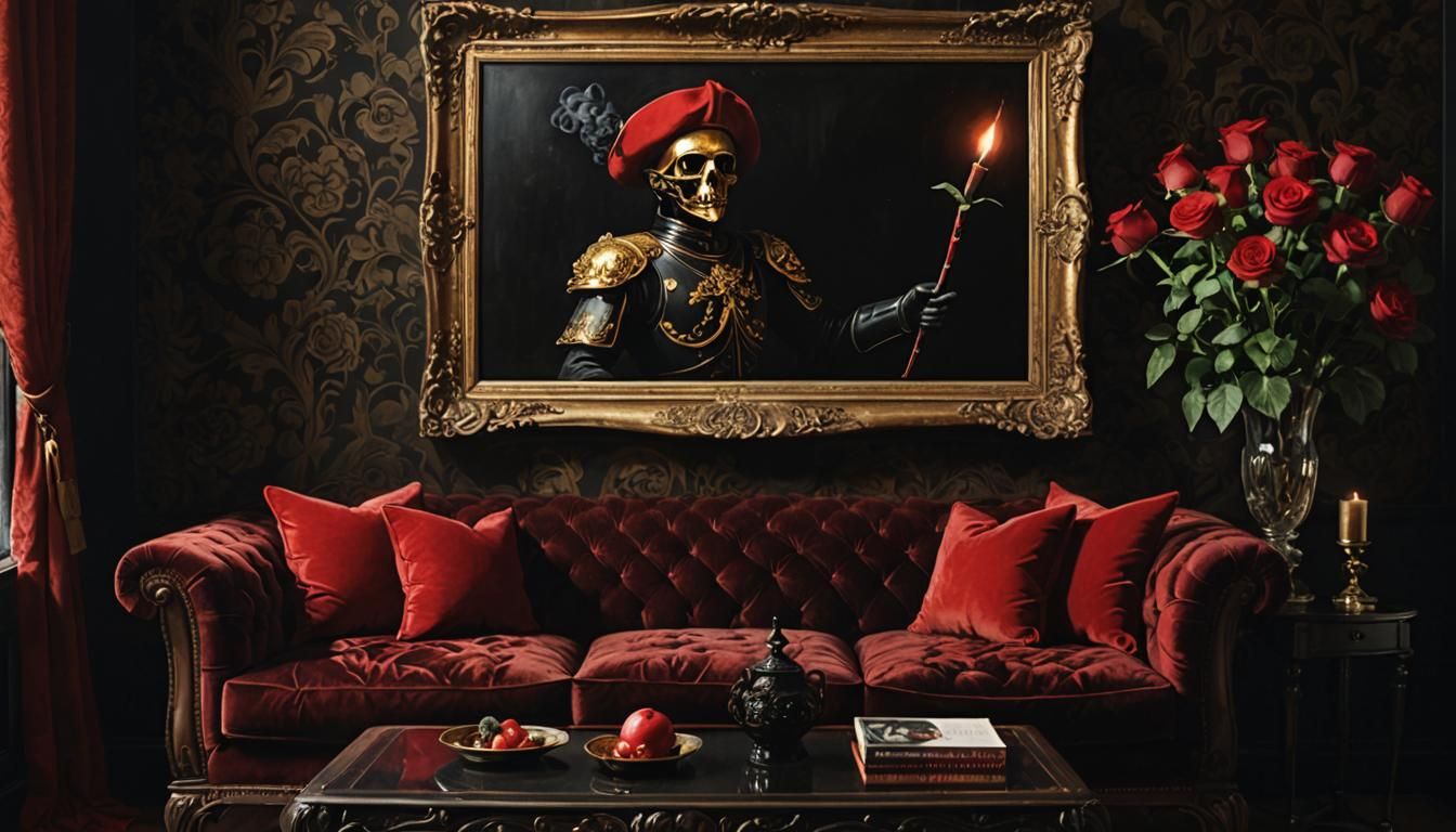 Opulent Red Velvet Room with Roses and Painting