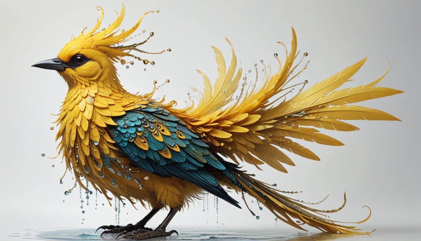 Vibrant Yellow Creature with Iridescent Plumage and Golden E...