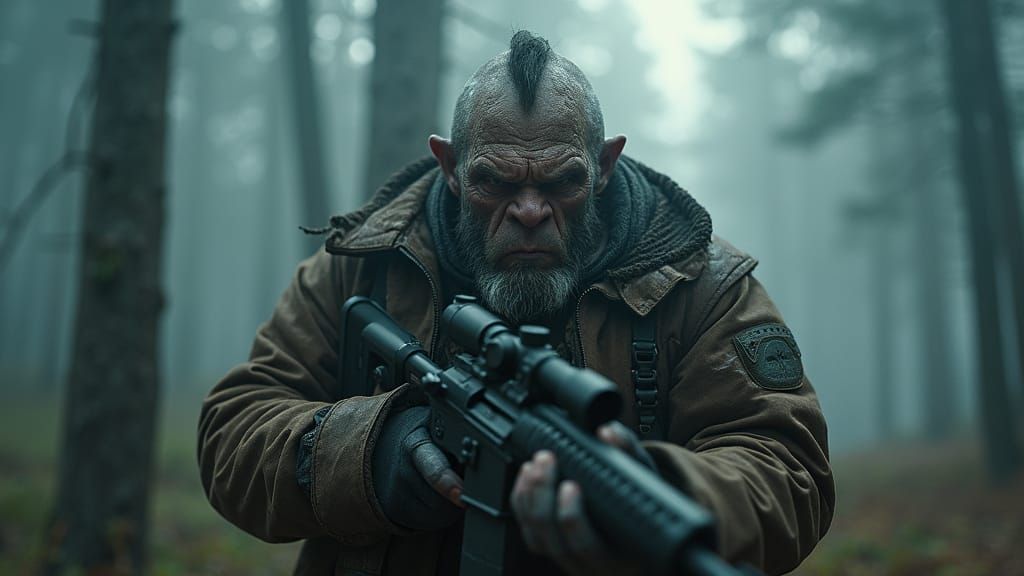 Towering Nordic Troll with Sniper Rifle in Mysterious Forest