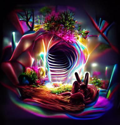 Psychedelic Neon Rabbit Hole: 3D Digital Illustration