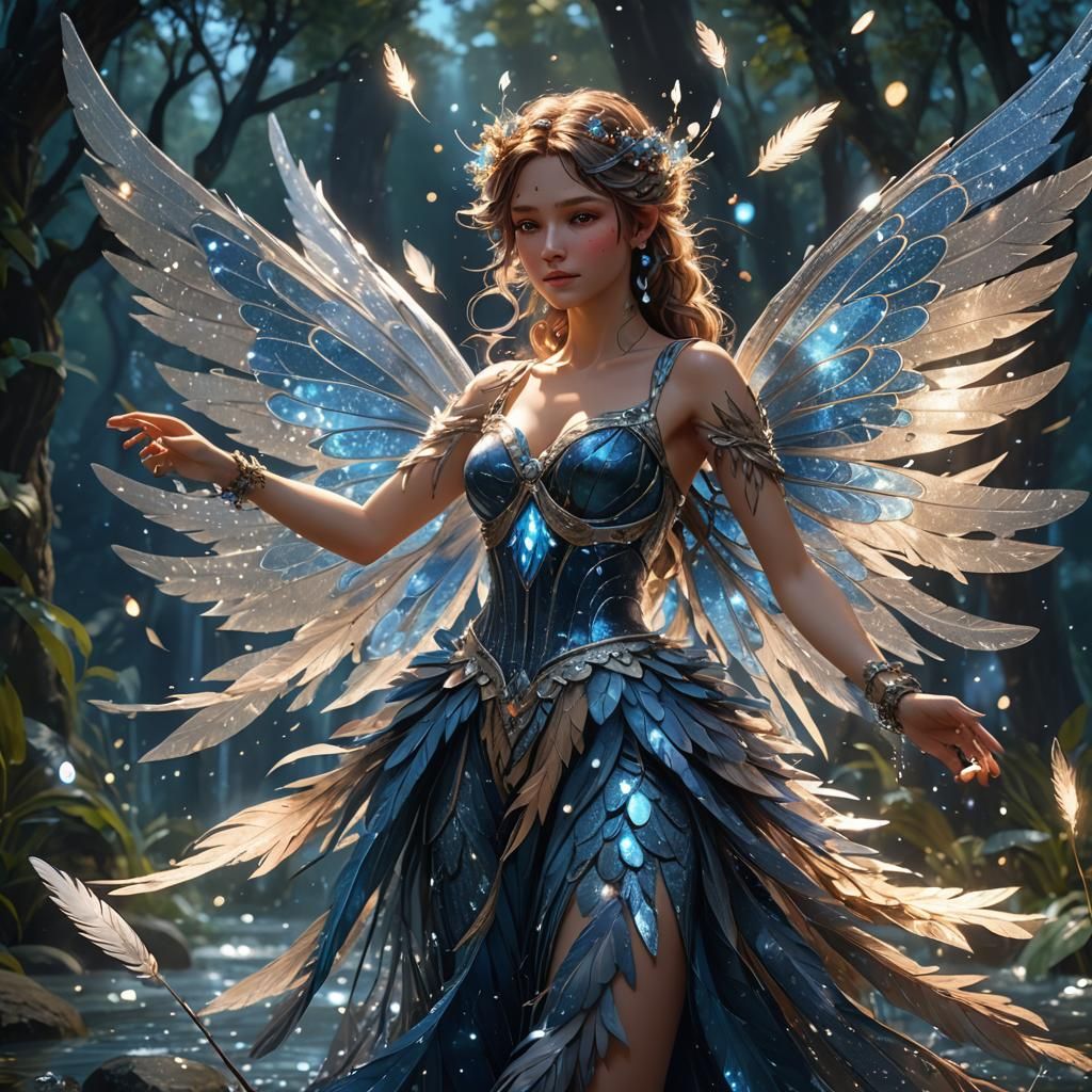 Water Fairy with Feather Dress, Digital Art