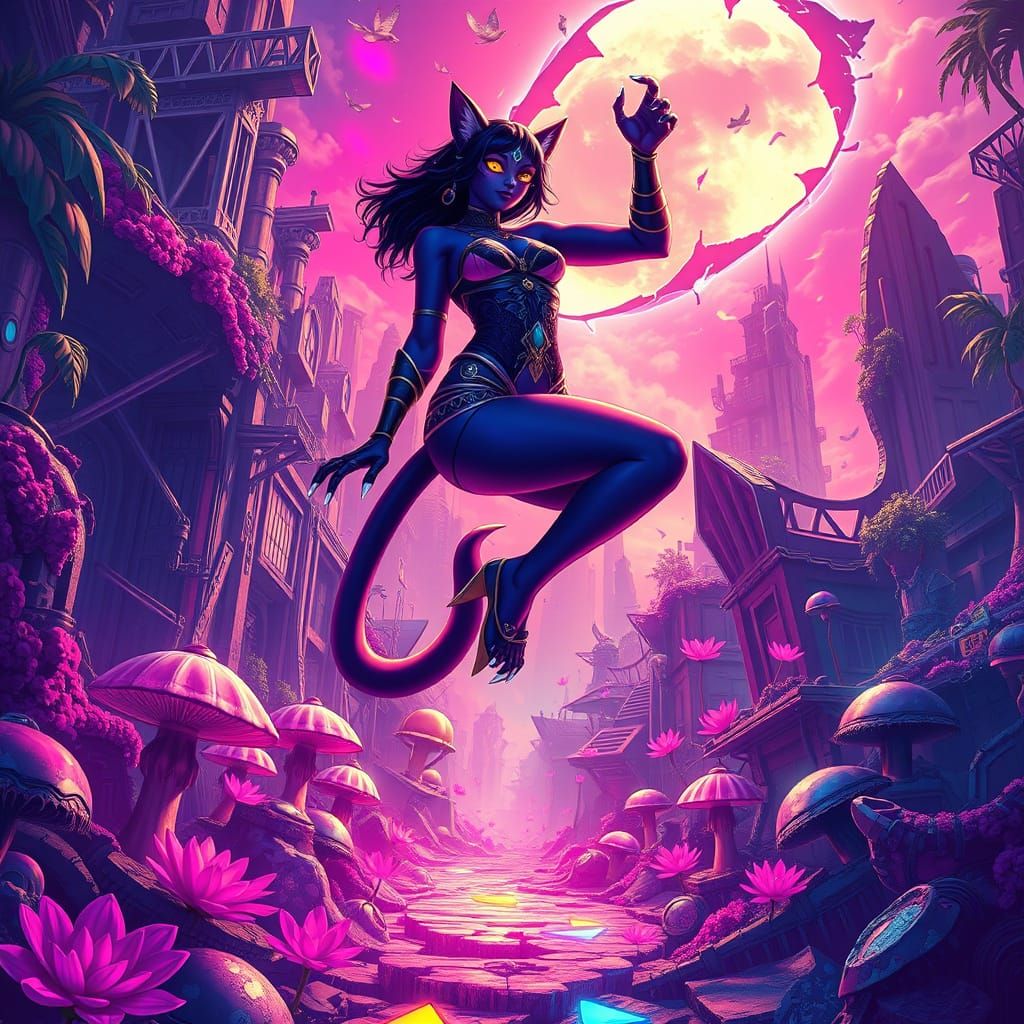 Goddess Nyma Ascends in Cyberpunk Dreamscape