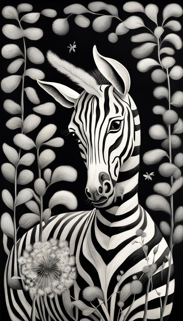 Winged Zebra in Dandelion Dreamscape, Surrealist Art