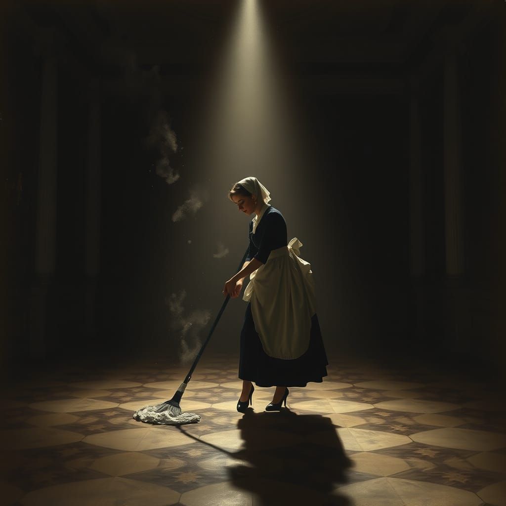 Elegant Maid in Dimly Lit Ballroom, Dutch Golden Age Style
