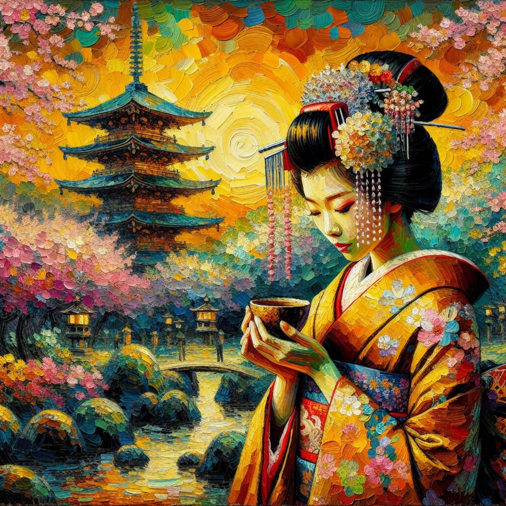 Japanese Geisha Enjoys Tea Amidst Sakura Blossoms in Neo Imp...