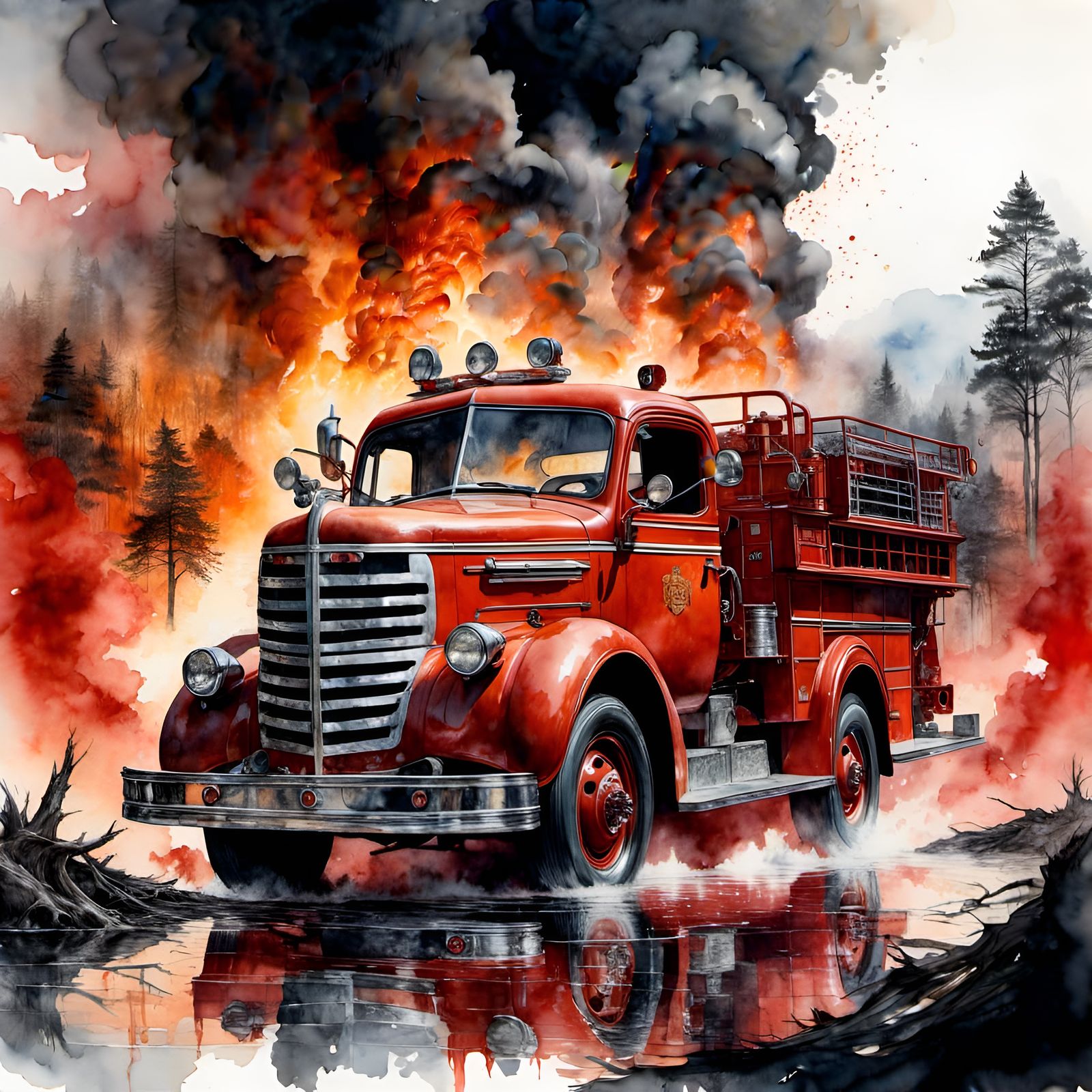 Dystopian Fire Truck Double Exposure in Digital Art