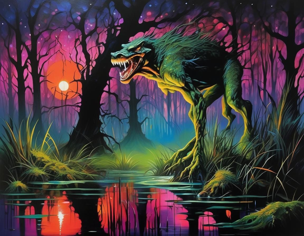 Angry Hag Woman in Murky Swamp, Neo-Expressionism