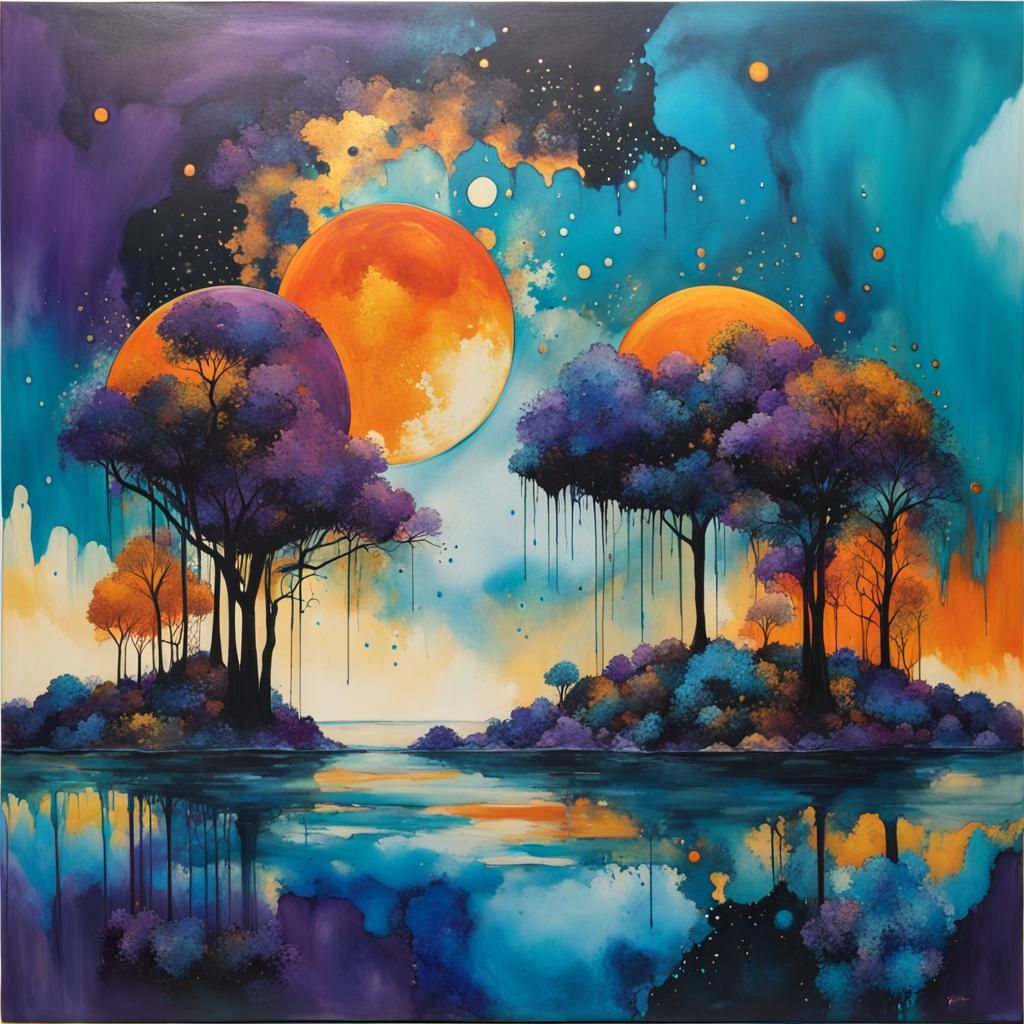 Surreal Floating Islands in Encaustic Ink Style