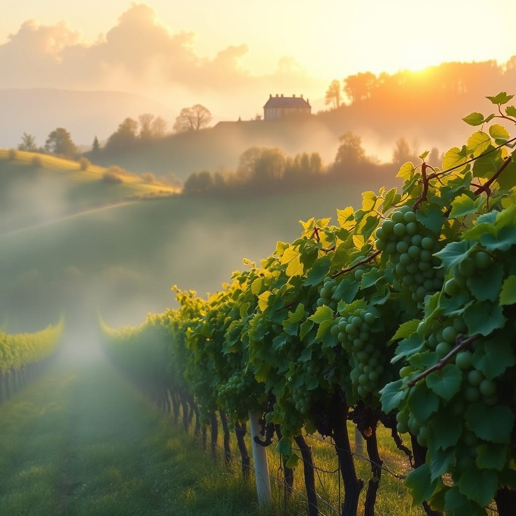 Idyllic French Vineyard at Dawn in Impressionist Style