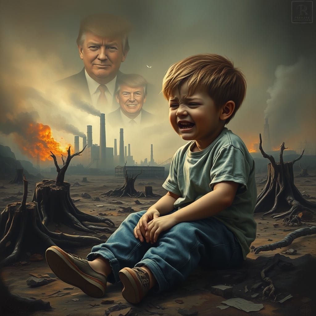 Child Cries Amidst Environmental Ruin in Dark Fantasy Art