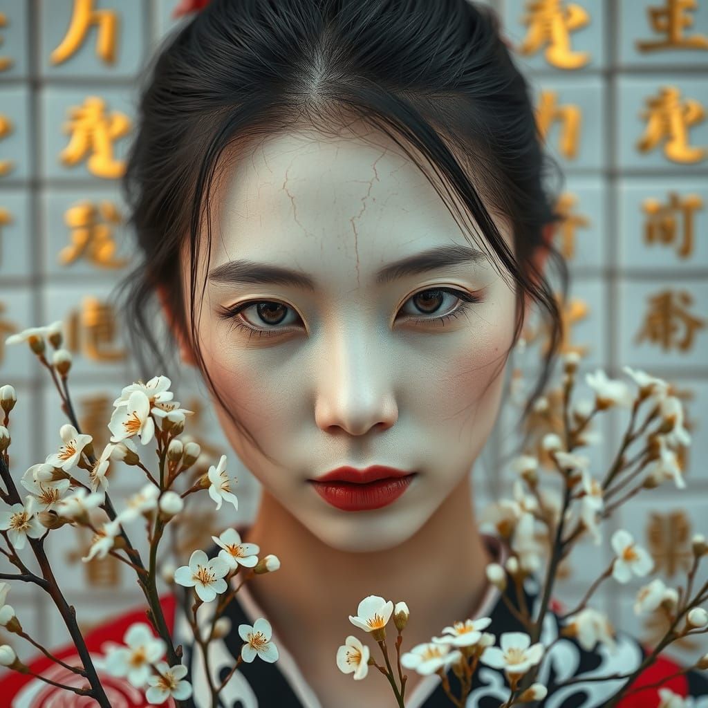 Japanese Woman Portrait in Kintsugi Style