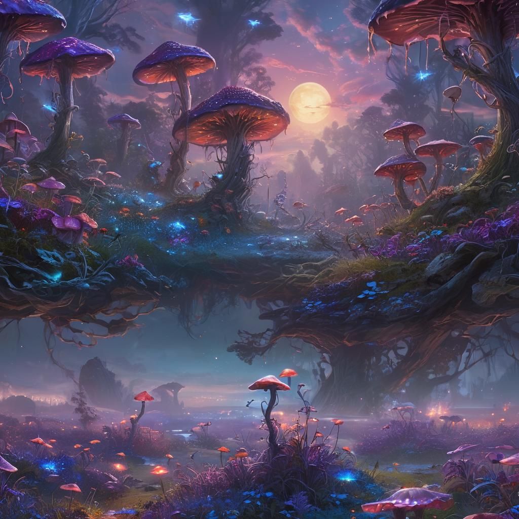 Glowing Dragon Landscape with Iridescent Mushrooms
