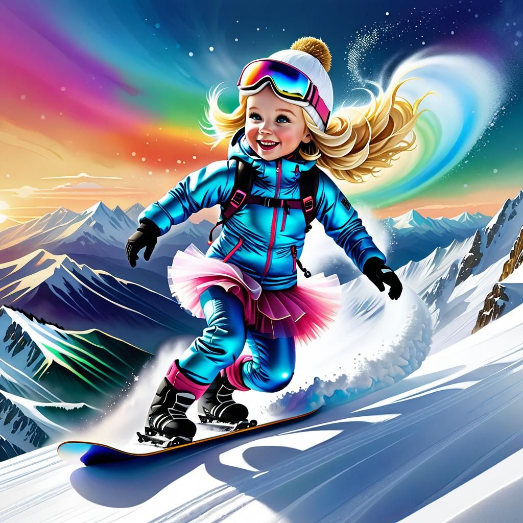 Snowboarding Girl in Pink Tutu: Watercolor Galaxy Art