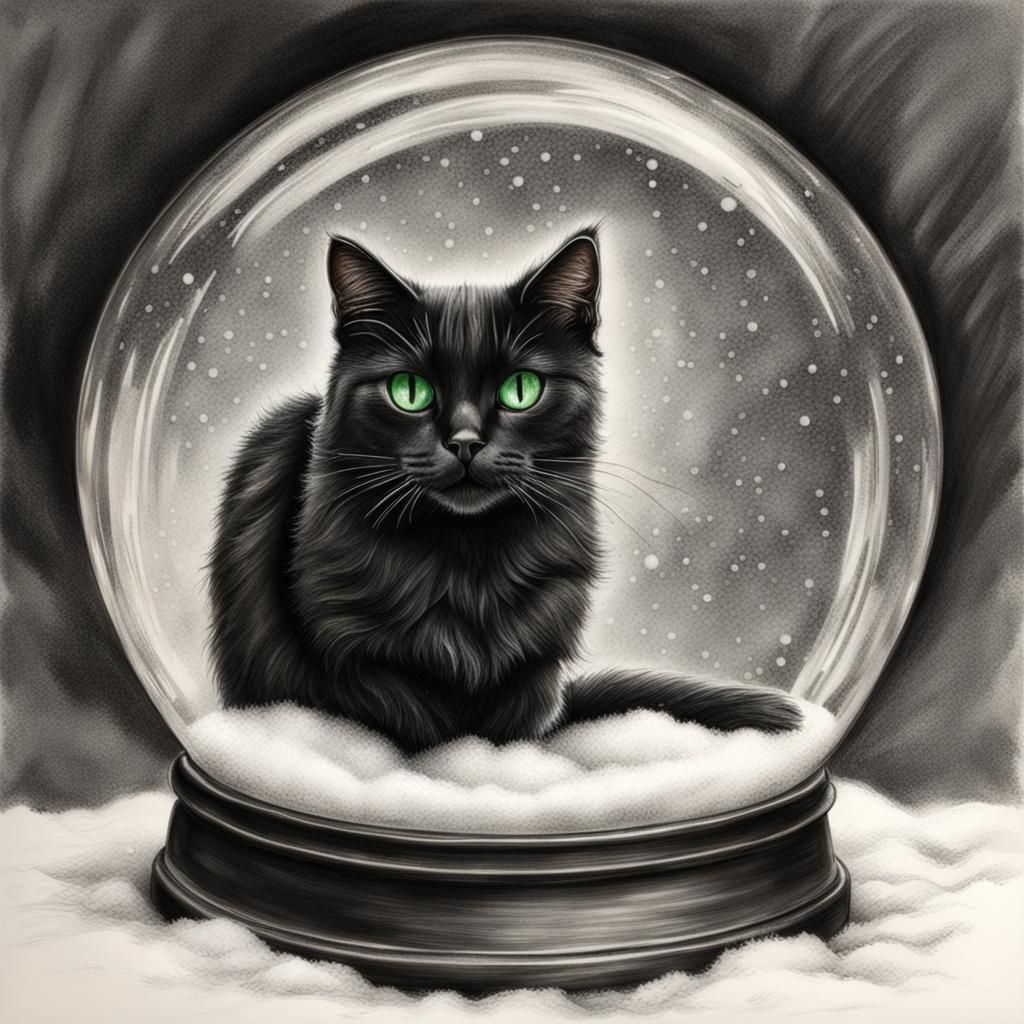 Hyperdetailed Charcoal Drawing: Black Cat Snow Globe