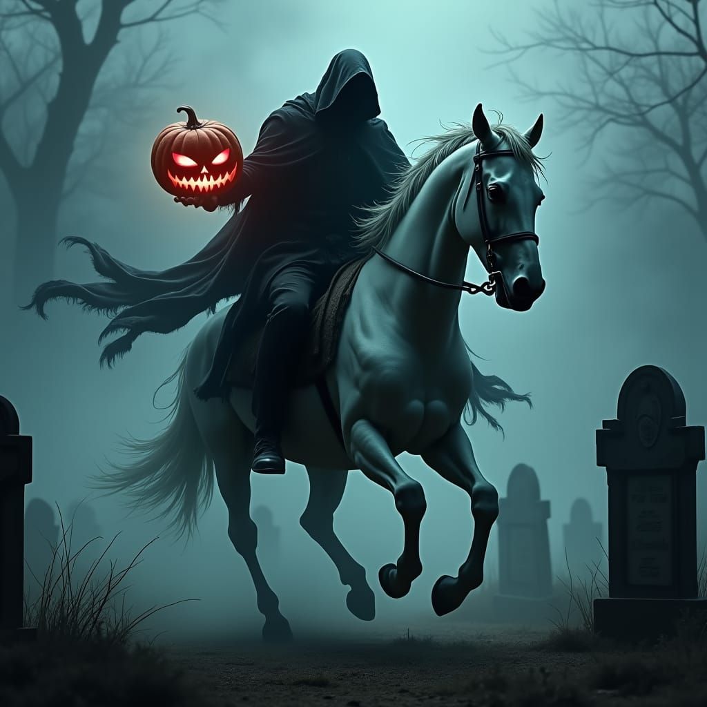 Headless Horseman Rides Through Foggy Graveyard
