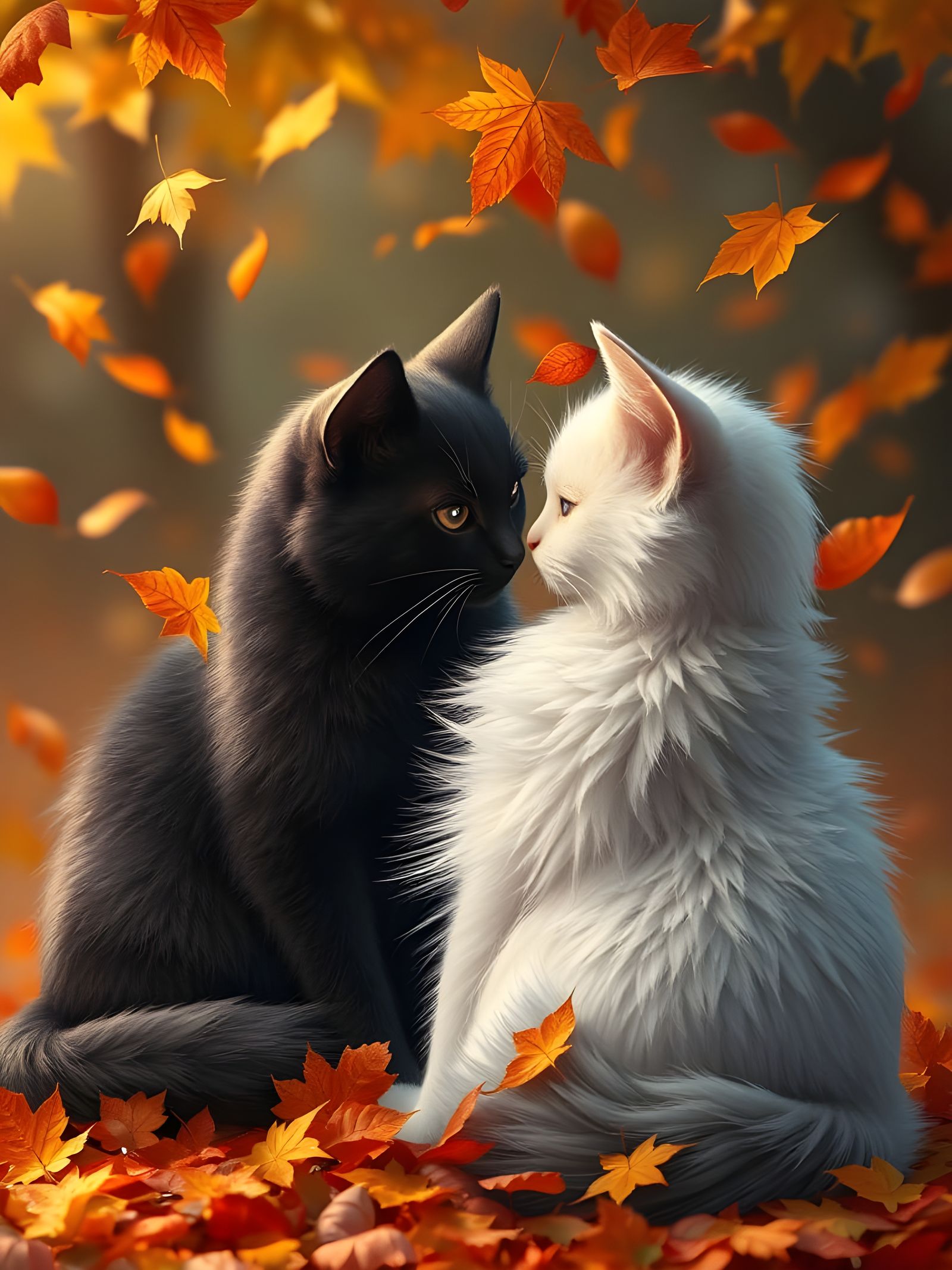Romantic Cats in Falling Autumn Leaves