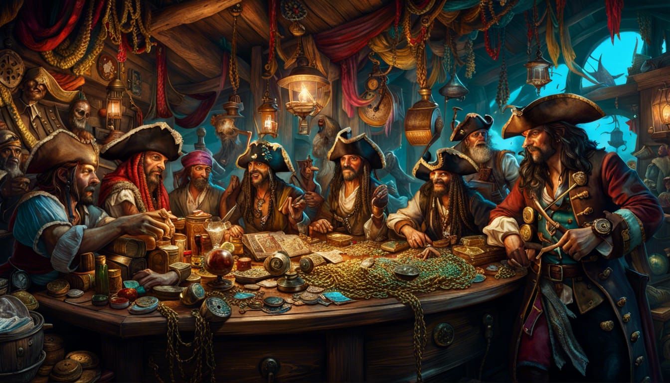 Pirate Lair with Laughing Pirates: Detailed Digital Art
